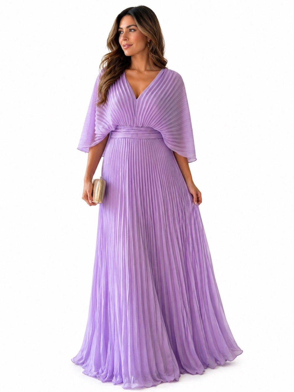Lavender Pleated Maxi Dress with V-Neck